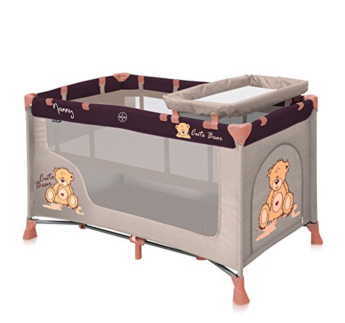 LORELLI PORTABLE BABY TRAVEL COT PLAYYARD NANNY 2 LAYERS BEIGE BEAR newborn