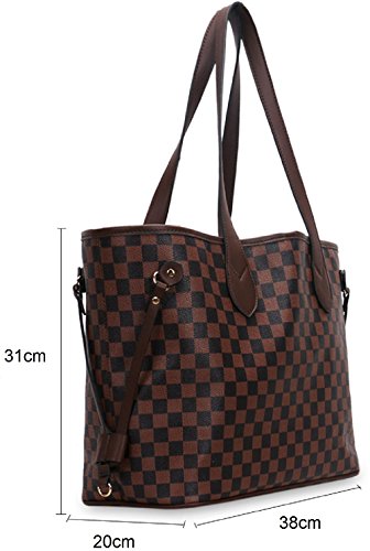 Gossip Girl - Designer Inspired Check Handbag Shoulder Bag With Purse + Lip Balm & Emery Board Set (Check - Brown)
