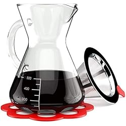 Cafetière Manuelle Artisan Pour Over - Carafe Verre Borosilicate Thermique - Filtre Conique Acier Inoxydable Réutilisable et Dessous-de-Plat Inclus - Café Filtre Manuel 500ml avec Poignée