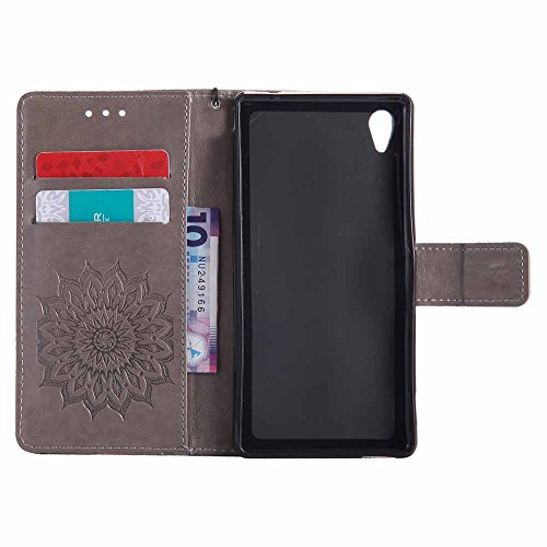 Xperia M4 Aqua Hülle, Dfly Premium Slim PU Leder Mandala Blume prägung Muster Flip Hülle Bookstyle Stand Slot Schutzhülle Tasche Wallet Case für Sony Xperia M4 Aqua, Grau - 4