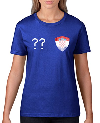 Comedy Shirts – Kroatien Trikot – Wappen: Klein – Wunsch – Damen T-Shirt – Royalblau / Weiss Gr. L