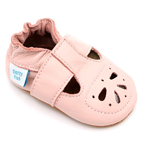 Soft Leather Baby Shoes with Suede Soles by Dotty Fish. Pale Pink Mary-Jane Sandal Design Girls 6-12 Months