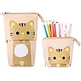 AUTOYSUR Telescopic Stand Up Pencil Case Box Transformer Stand Store Pencil Holder Cute Cartoon Standing Pen Pouch Dual-Use Canvas Storage Stationery Bags for Teen Girls Boys (coffee Cat)