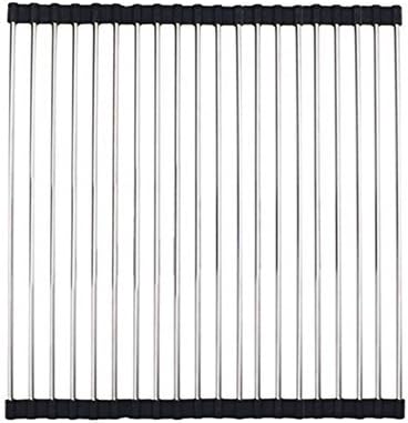AllSpes Folding Dish Drainer SUS304 Stainless Steel Over Sink Kitchen Roll-Up Dish Drying Rack Multipurpose Black,47 x 39 cm