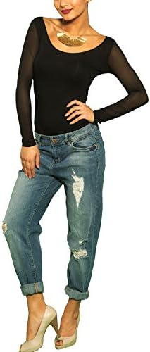 Kefali Ladies Bodysuit Thong TENCEL Stringbody Boat Neck Long Sleeve Seethrough (XL-XXL, Black)