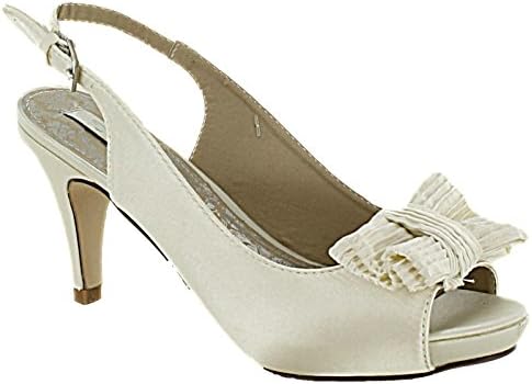 Ladies Occasions Ivory Satin Bow Wedding Bridesmaid Brides Shoe Kitten Heel Peep Toe Evening Sandal