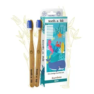 teeth-a-bit The Pledge Bamboo Toothbrush Kids (9-12 Years) Slim Handle with Gum Sensitive Soft Bristles Pack of 2 (Ocean Blue)