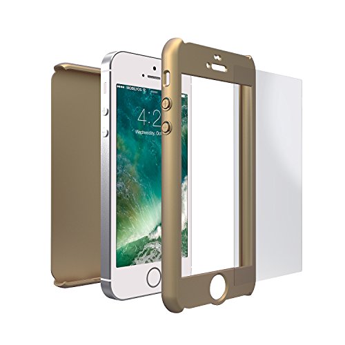 Mobilyos Funda iPhone SE 360 Grados + Cristal Templado, [360 ° ] [ Oro ] Case, Cover, Funda iPhone 5s 360 Grados