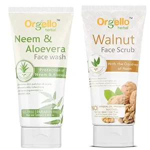 Orgello herbal Neem aloe vera face wash | For acne, pimples,dry skin 100 gm + Walnut Scrub 60gm for men women girls boys normal oily dry skin sls paraben mineral oil free | Pack of 2