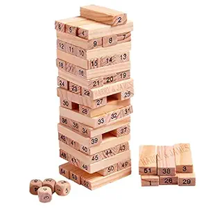 HARRY & JAMES Zenga Wooden Building Blocks Puzzle 54 Pcs Challenging 4pcs Dice Wooden Zenga Stacking Game Maths,Tumbling Tower 54 Pcs with 4 Dices Game for Adults and Kids