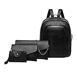 TianWlio Frauen Handtasche 4Pcs Reine Farbe Lederrucksack + Umhängetasche + Kuriertasche + Kartenpaket Schwarz