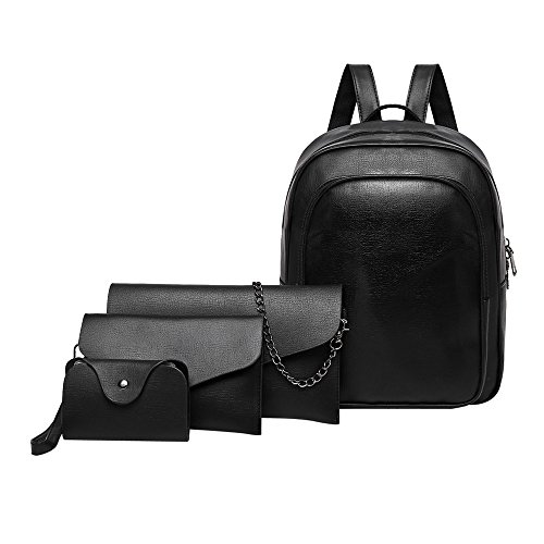 Preisvergleich Produktbild TianWlio Frauen Handtasche 4Pcs Reine Farbe Lederrucksack + Umhängetasche + Kuriertasche + Kartenpaket Schwarz