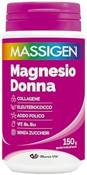Massigen Magnesio Donna – Integratore in Polvere con Magnesio, Collagene, Eleuterococco, Acido Folico e Vitamine B6 e B12, Supporto Energia e Sistema Nervoso, Senza Zuccheri, Barattolo da 150 g