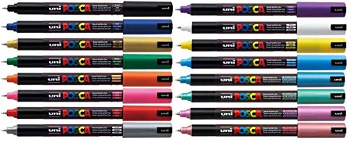 Uni Posca PC-1MR Assorted Colour Pack Paint Marker Pens Ultra Fine 0.7mm Calibre Tip Nib Writes On Any Surface Glass Metal Wood Plastic Fabric (1 Of Each Colour - 16 Pens) by Posca