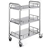 FORAVER Medical Trolley Cart Dental Lab Cart 3 Layers Stainless Steel Lab Trolley Medical Hospital Equipment Portable Serving Trolley on Wheels(3 Layers)