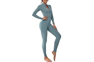 Litthing Femme Combinaison de Sport, Sexy Moulante Vetement de Sport Manches Longues Body de Yoga Tirette Côtelé Tenue d'entraînement Bodycon Élastique Skinny Une Pièce