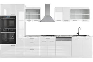 Vicco cucina componibile R-line, Bianco lucido/bianco, 350 cm con armadio alto, PL Marmo