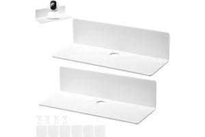 CAREDGO Lot de 2 Étagères Murales sans Perçage, Étagère Murale Flottante en Acrylique Etagere Murale Blanche Petit Étagères Autocollantes Petite Etagere pour Salon Chambre avec 4 Clips de Câble
