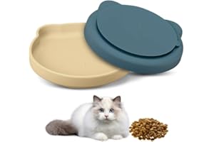 Vyuwast 2 Pcs Cat Plate, Cat Feeding Plates Silicone Small Cat Bowls Shallow Food Dish for Food and Water Kitten Plates Feeders Station for Puppy Small Dog Kitten Food Bowl(Beige&Blue)
