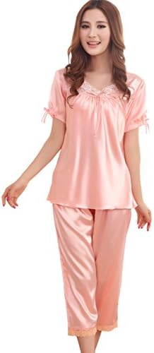 FAPIR Women's Silk Lace Short Sleeve Pajamas Nightwear Sleepwear Set (XXXL)