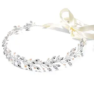 Mariell Bridal and Wedding Silver Jeweled Headband with Crystal Gems, Freshwater Pearls and Ivory Ribbon