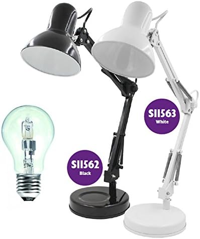 Desk Reading Lamp with Adjustable Angle Poise Swing Arm - Study, Table, Bedroom Light Fitting (White (With 28w = 40w Halogen Bulb))