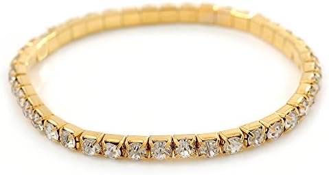 Gold Tone Clear Crystal Delicate One Row Stretch Bracelet - 17cm L