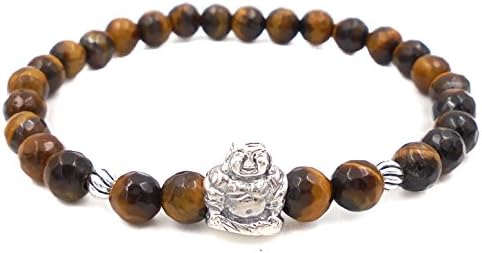 Teresa Sesame – Women Bracelet with Stones Natural Tiger Eye 6 mm and Trinket Set 1 Sterling Silver Smiling Buddha (Carved 925 Thousandths) with Two Silver Balls