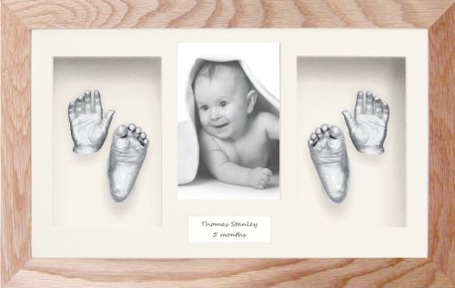 New Baby Plaster Casting Kit (Large / Twins) Solid Oak Box Display Frame, Silver paint by BabyRice