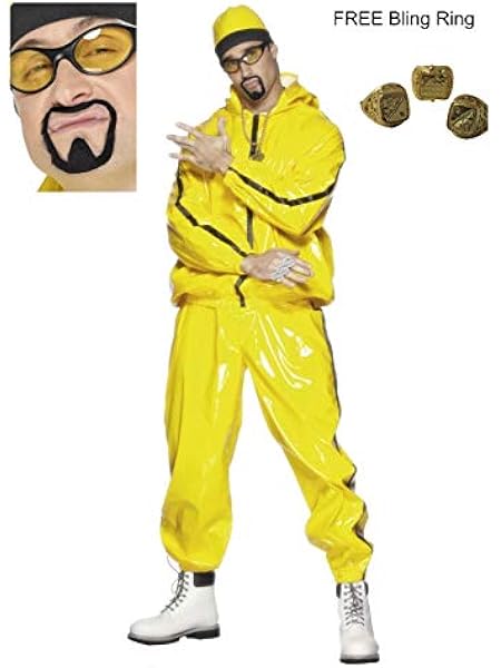 Mens Adult Ali G Gangster Rapper Yellow Shell Suit Fancy Dress Costume Including Tash Free Bling Ring M Stag Do Rapper 90 S Theme Party Fun Amazon Co Uk Pet Supplies