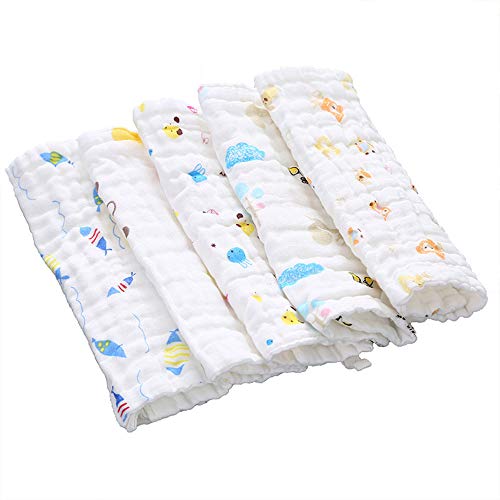 HUI JIN Salive Serviette de Salive en Coton Carré Serviette de Visage pour Nouveau-né Bébé Imprimé Dessin Animé pour Enfants Doux Confortable Lot de 5