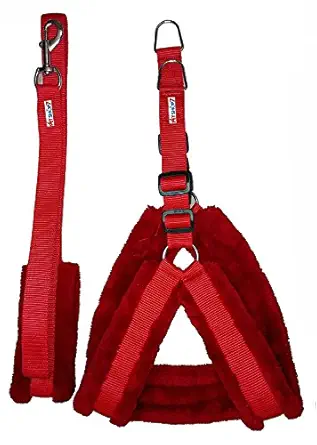 Skora Nylon Dog Harness & Leash set with Fur 1 inch Medium - Red (Chest Size - 26-30)