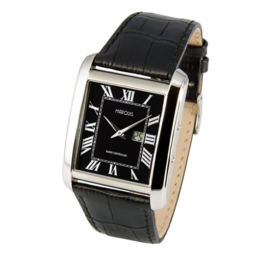 Elegante MARQUIS Herren Funkuhr (Junghans-Uhrwerk) Schwarzes Lederarmband, Gehuse aus Edelstahl 964.4917