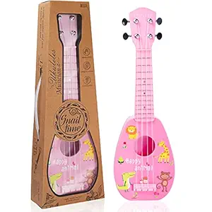 17 Inch Mini Guitar Ukulele Toy for Kids,Plastic Animal Kingdom Cartoon Children Educational Learn Guitar Ukulele with The Picks and Strap Can Play Musical Instruments Toys (17 Inch Pink)