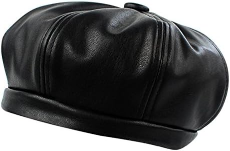 YaWindYa Womens French Style PU Leather Berets Cap Baker Boy Newsboy Cabbie Peaked Vintage Hat (Black)