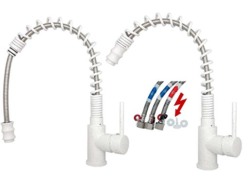 Preisvergleich Produktbild Niederdruck Mischbatterie Spültischarmatur Küchenarmatur ausziehbar Einhebelmischer Wasserhahn Spiralarmatur Gastro Küchen Armatur schwenkbar Untertischgerät in Granit Weiß 8053