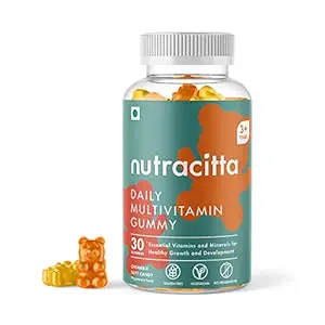 Nutracitta Daily Multivitamin for Kids & Adults - Strawberry & Lemon Vegetarian Gummies with Vitamin A, B12, C, E, D, Calcium, Magnesium, Zinc, Folic Acid - (Pack of 1 - 30 Gummy Bears)