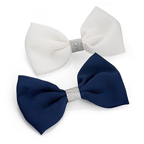 Pair of Large White and Navy Glitter Centre Bow Hair Beak Clips Slides