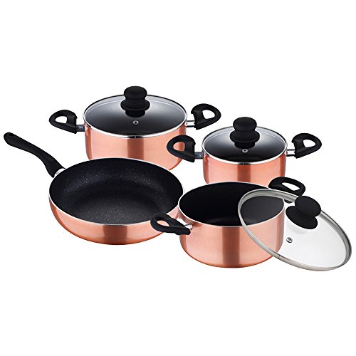 Batería de cocina color bronce 7 piezas: Sartén Ø26 cm; Ollas con tapa de vidrio de Ø16 (1,25 litros), Ø20 (3,3 litros), y Ø24 (4,5 litros)