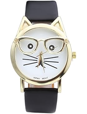 JSDDE Uhren,Cute Katze-Brille-Gesichtsform Armbanduhr Maedchen Damenuhr Gold Felge Faux Leder Band Analog Quarz...