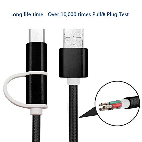 2 in 1 Ladekabel, 1.2m kabel Nylon umflochtenes Micro auf Type C USB Ladegerät für Samsung S5 S6 S7 Und the new MacBook, ChromeBook Pixel, Nexus 5X, Nexus 6P, Nokia N1 Tablet, OnePlus 2 und andere USB-C-Geräte(Schwarz) - 6