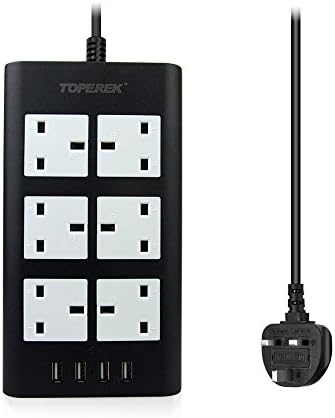 TOPEREK Surge Protector Power Strip Socket Flat Plug, 6 Outlet 4 USB Desktop Charging Station, 2500W USB Charger with 6.5 ft Long Cord for Household &amp; Business Black White