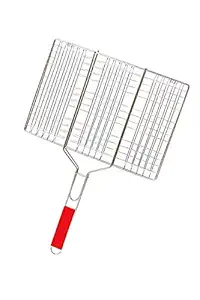 KIRFIZ Stainless Steel Portable Barbecue BBQ Grill Net Basket Roast Grilling Tray Chromium Plated with Wooden Handle, Vegetables, Steak, Shrimp, Chops and Other Food with Wooden Handle -17