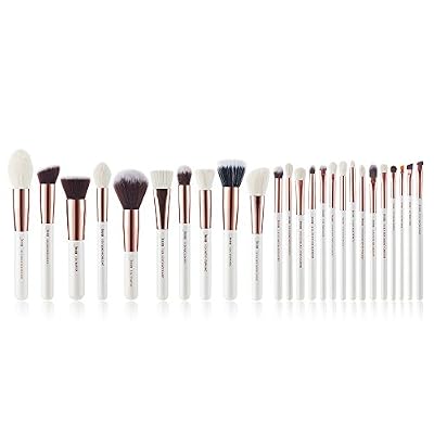 Jessup individual Makeup Brushes 25 Pcs Professional Powder Blush Foundation Lipstick Eyelashes Eyebrown Premium Synthetic Hair Wood Handle Pearl White T215 (Peal White/Rose Gold)