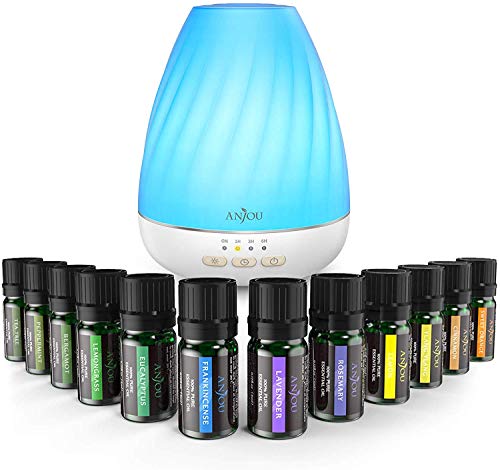 Anjou Diffusore di Aromi 200ml con Oli Essenziali Set di 12, Diffusore di Olio Essenziale con Spegnimento Automatico e 7 Luci LED, Oli Aromaterapici 12 Pezzi con Lavanda, Albero del Té, Eucalipto ecc.