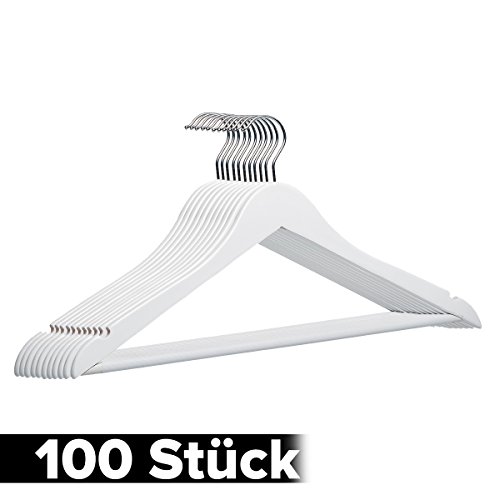 DXP 100 Stück, Weiß Holz Kleiderbügel, mit Rutschfestem Hosenstange, 360 Grad drehbar Neu (100) HG03 weiss