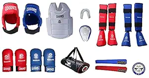 Be Win Karate Safety Kit - (Pack of Head Guard, Chest Guard, Shin Guard, Hand Gloves, Belts and Mouth Guard,wiith karate bag Red&Blue Medium)