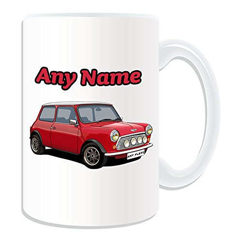 Personalised Gift - LARGE Red and White Mini Front Mug (Transport Design Theme, White) Any Name Message Unique Hatch Convertible Coupe Roadster Vehicle Car Automobile Cute Driver Cooper