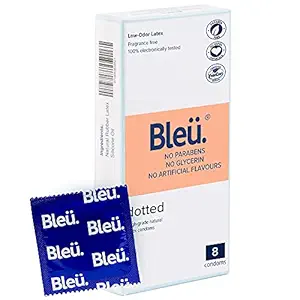 Bleu Premium Quality Dotted Condoms for Men, VEGAN Latex condom For Extra Sensitive Skin, Masked Latex Smell, Reduced Itch and Irritation. Paraben Free. (8Units)