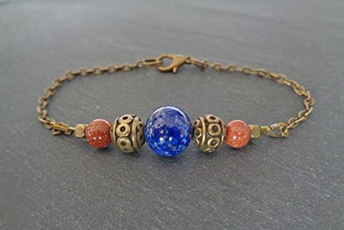 Lapis lazuli 10mm and goldstone 6mm minimalist Curb / fine bracelet, gemstone bar, ethnic, bohemian
